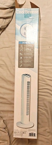 CoolBreeze 29in White Tower Fan, 3 Speed Oscillating, 120min Timer Corded