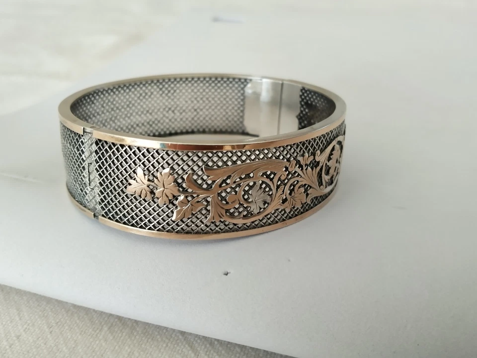 ANCIEN BRACELET XIXe ARGENT MASSIF VERMEIL NAPOLÉON III jonc ouvrant - Photo 3/4