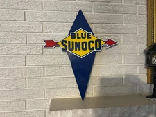 BLUE SUNOCO DIE-CUT PORCELAIN PUMP PLATE SIGN W/ ARROW GRAPHIC