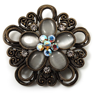 Vintage filigrane Brosche mit Diamanten und Blumen (bronzefarben)