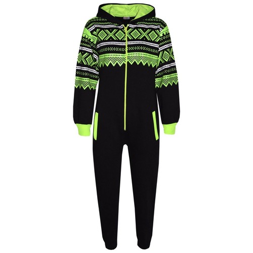 Girls Boys Black & Neon Green Aztec Snowflake A2Z Onesie One Piece Jumpsuit 7-13