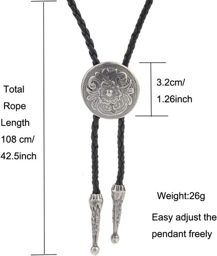 Vintage-Inspired Floral Bolo Tie with Genuine Leather Rope - 42.5 Inches Long - Picture 8 of 10
