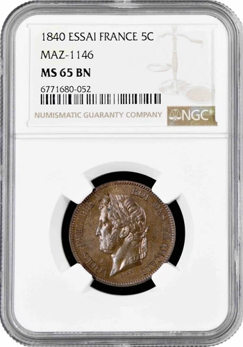 France 5 centimes 1840, NGC MS65 BN ESSAI, "Louis Philippe I (1830 - 1848)" Top