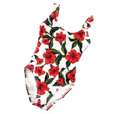 Vintage 90s Hibiscus Floral Ribbed High Leg One Piece Swimsuit Size Medium