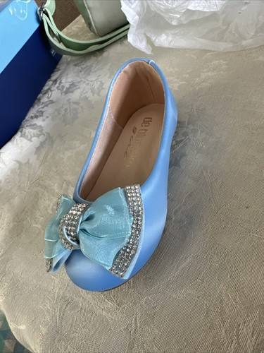 De Blossom Girl Harper-27 Toddler Blue Rhinestone Bow  Flat Shoes - Picture 2 of 7