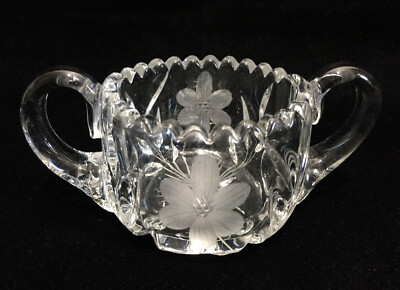Vintage Heavy Lead Crystal Sugar Bowl Frosted Carved Floral Design 2 Handles