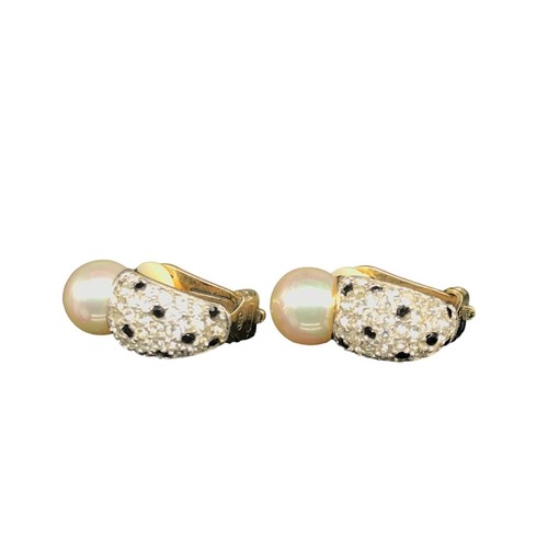 Italian Pave and Pearl Half Hoop Earrings with CZ and Black Spinel Crystals, 925 - Picture 3 of 9