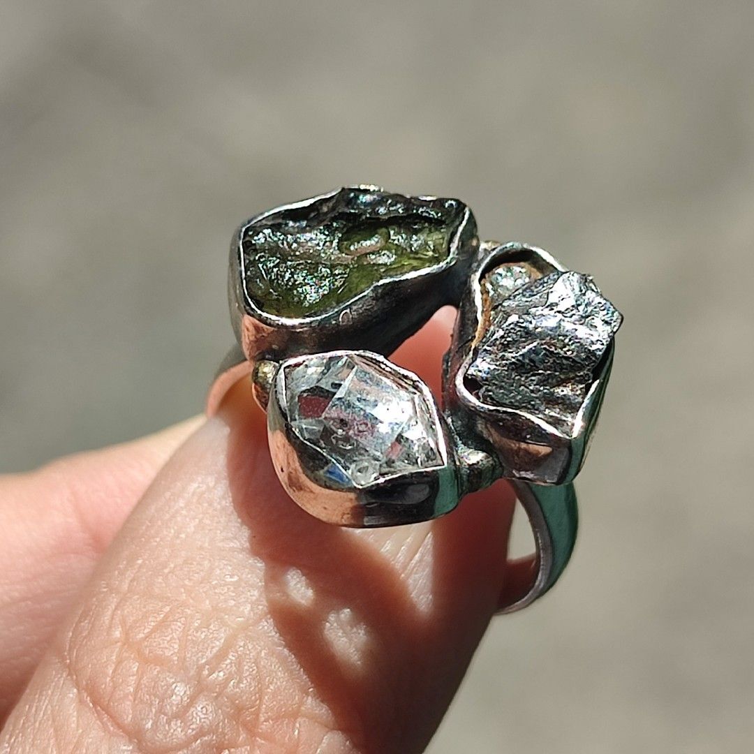 Certified Moldavite Ring, Herkimer Meteorite Ring, 925 Sterling Silver  Jewelry