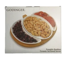Godinger Bamboo Pumkin Serving Board w/ 3 Ceramic Inserts NEW