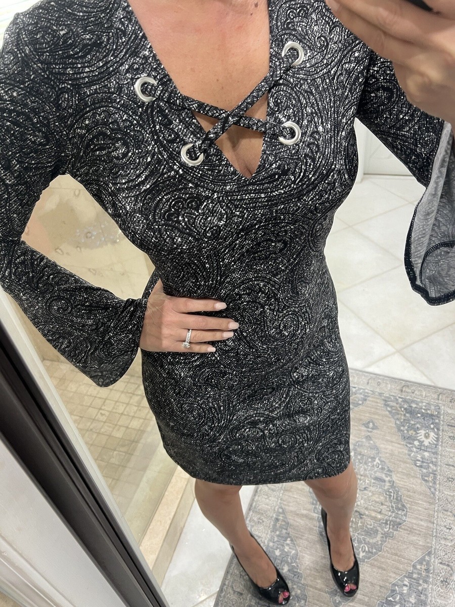 Michael Kors Gray White Bell long sleeve Jersey dress Xs Cross Cross New |  eBay