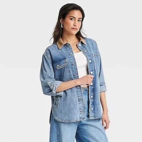 NWT Universal Thread Women's Long Sleeve Denim Shacket Corduroy Collar L