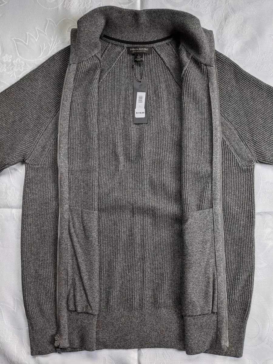 NEW Banana Republic Mens Supima Cotton Full Zip Pocket Sweater Jacket LARGE GRAY