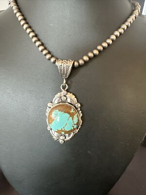 Mens Blue Turquoise#8 Pendant Navajo Sterling Silver Necklace