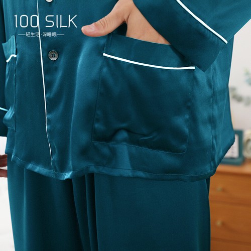 Pajama Set Mens 100% Mulberry Silk 2pcs Sets Long Sleeve Tops Pants Sleepwear Sz - Picture 3 of 31