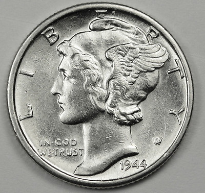 1944-d Mercury Dime.100% Full Separated Horizontal Bands. Choice BU.(Inventory A