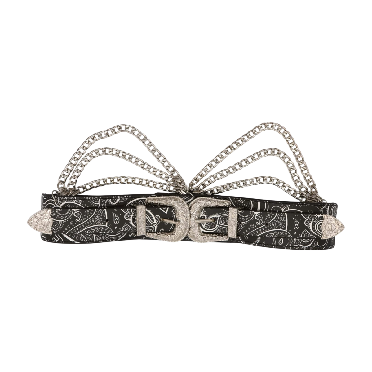 Women Black Elastic Belt Paisley Print Western Double Buckle 