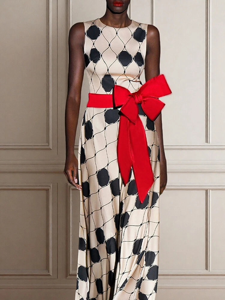 OFF WHITE Abito donna lungo girocollo senza maniche gonna sexy primaverile cravatta fiocco fascia alta