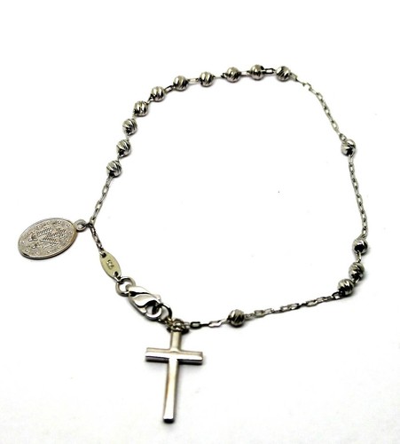 White Gold Rosary Beads Cross Bracelet 