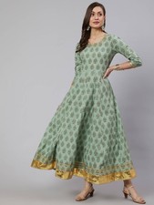 Green Kurta Women Floral Printed Flared Anarkali Kurti Gown Dress NEW