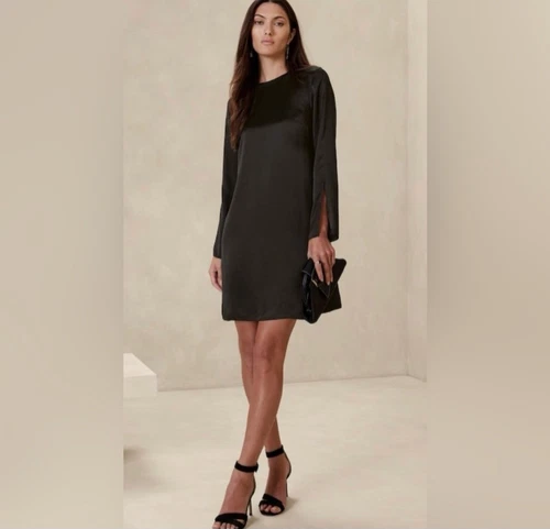 Banana Republic Black Abril Silk Mini Dress Slit Sleeves Womens Size XXS NEW