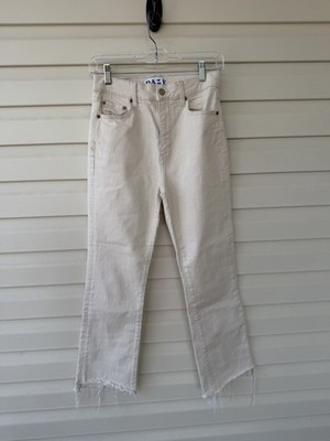 DAZE High Rise Cropped Flare Jeans Beige Stretch Denim Frayed Hem 5-Pocket