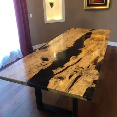 Modern Black Epoxy Resin Wood Dining Table | Designer Handmade Table