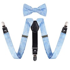 Boys Paisley Adjustable Pre-tied Bow Tie and Clips Suspenders 070-light Blue