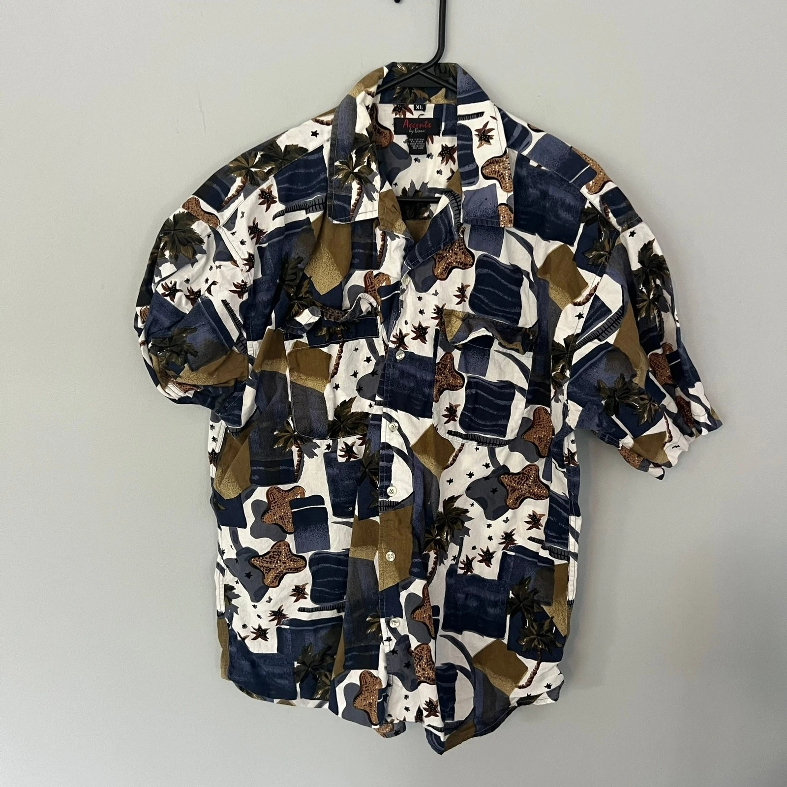 Vintage Accents Button Down Shirt Men's Size XL Tropical Print White Blue Brown