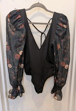 Free People Bodysuit XS Floral Print Sleeves Sheer V-Neck Boho Spring