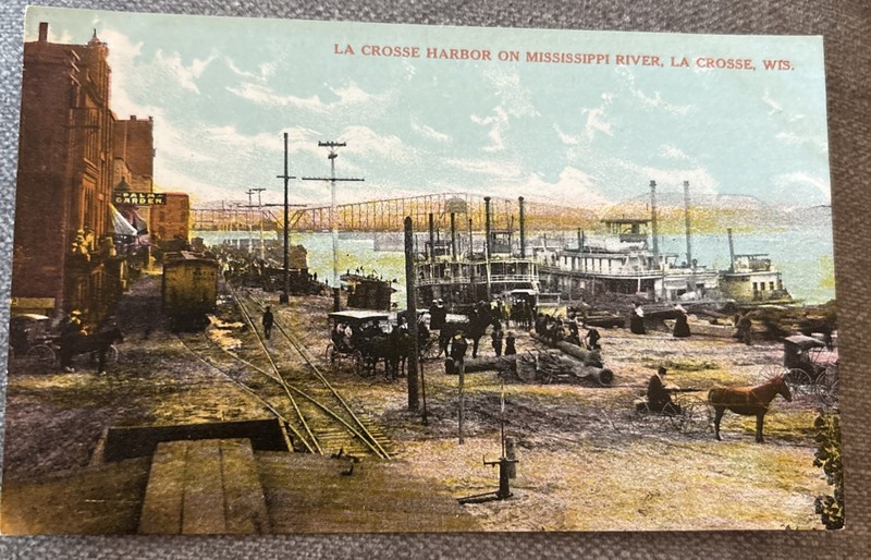 LaCrosse WI Harbor On Mississippi River Horse and buggies Postcard Wisconsin
