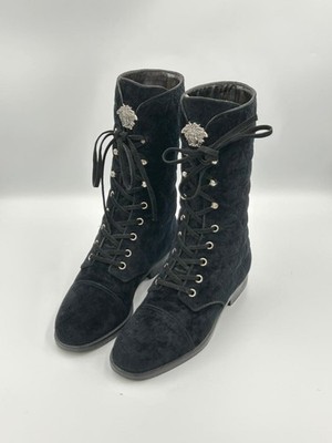 Vintage Gianni Versace Black Quilted Velvet Boots Medusa size 36,5