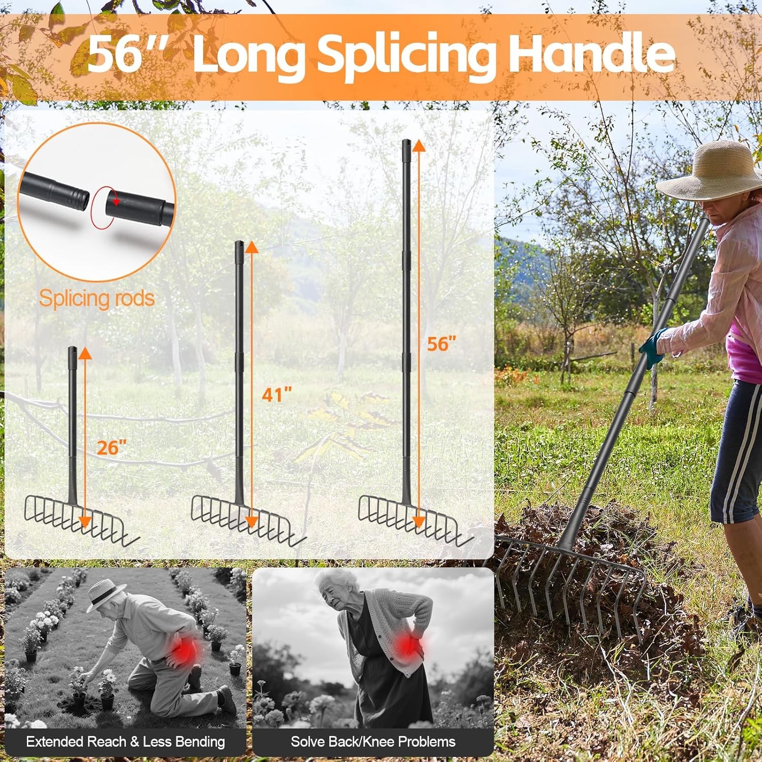 Garden Rake, Heavy Duty 11 Tines Metal Thatch Rake for Gathering Hay Dead Grass 