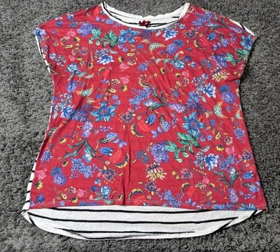 Love Scarlett Top Women's L Red  White Stripe Flower Pattern Short Sleeve