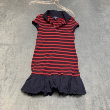 Polo Ralph Lauren Dress Girls Small Petite Navy Blue Red Striped Eyelet Lace