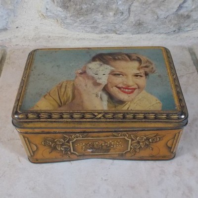 Vintage tin box Sweet Sugar Cookies Woman with Cat old antique vtg #2