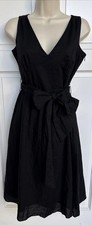 Garnet Hill Black 100% Cotton Sleeveless V-Neck Dress Sz 6 Tie-Waist Belt Lined