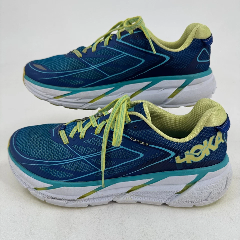 Hoka One One Clifton 3 Zapatos MUJERES Azul Amarillo Con Cordones Tenis para Correr TALLA 10 Foto 2 de 4