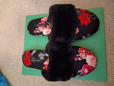 Victoria's Secret black slippers with beautiful floral pattern