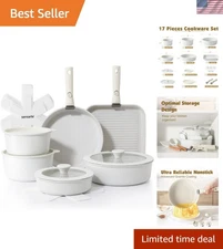 Healthy 17-Piece Nonstick Cookware Set - Space-Saving Design for All Stoves