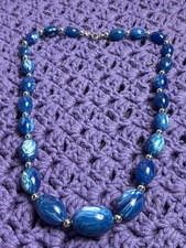 Vtg 80s Blue White Swirled Plastic Beaded Necklace Silvertone Beads Graduated