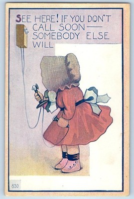 Little Girl With Telephone If You Don't Call Soon Somebody Else Will Postcard