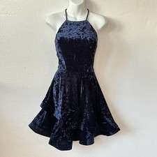B. Darlin Womens M Velvet Fit & Flare Dress High Neck Open Back Cocktail Navy