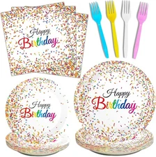 96 Pieces Happy Birthday Plates and Napkins Party Supplies for Multicolor 