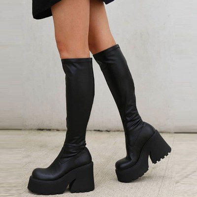 Stiefel Damen Punk Chunky High Heels Halbhohe Stiefel Schuhe Frau