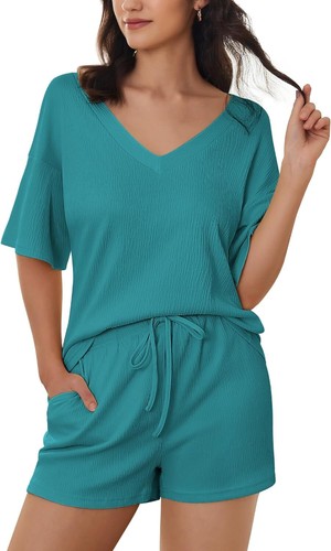 2 Pcs Womens Lounge Set V-Neck Pajama Sets Oversized Summer Outfits with Pockets - Picture 27 of 74