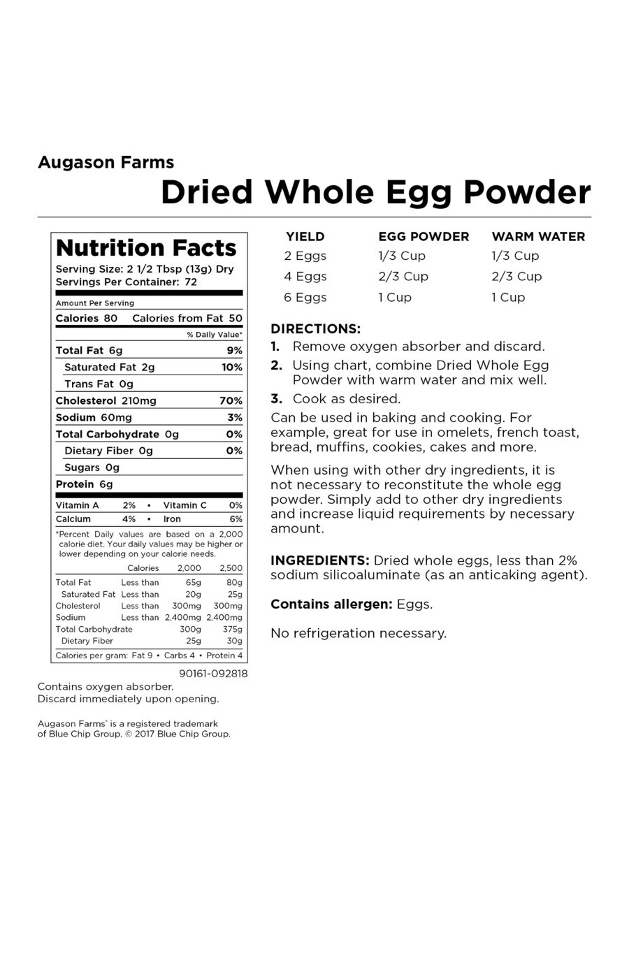 Augason Farms Gluten Free, Dried Whole Powdered Eggs, 2 lbs 1 oz Can