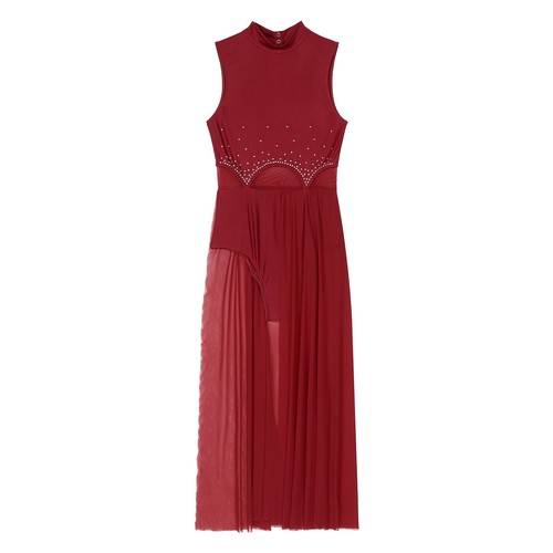 Womens Lyrical Dance Leotard Dress Mock Neck Sleeveless Lace Mesh Skirt Costume - Picture 59 of 133