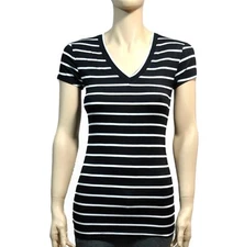 Basic Striped Women/Juniors V-Neck Short Sleeve Casual T-Shirt Top  Sz S ~ 3X
