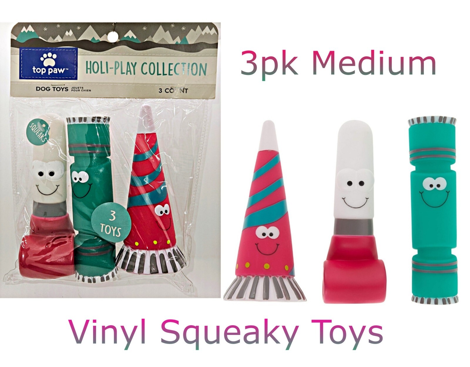 Top Paw Holiday New Years Celebration Medium Vinyl Squeaky Dog Toys (3 Pack)