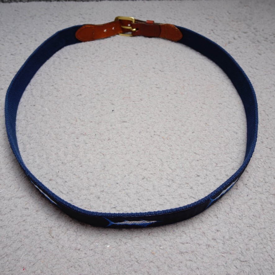 Leatherman Belt Mens 42 Blue Cotton Canvas Leather Marlin Ribbon Brass